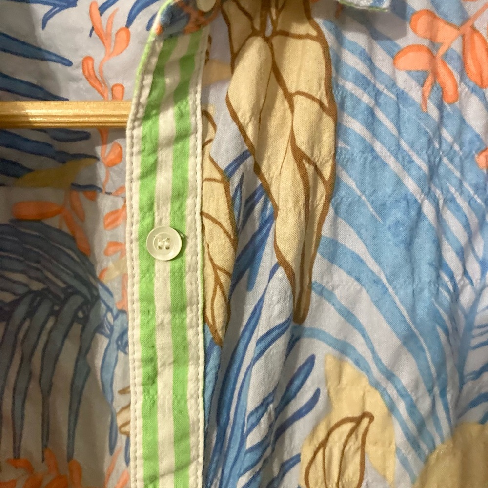 J. McLaughlin Tropical Print Button-Down Shirt in Blue & Orange Resort Luxury - Picture 15 of 16